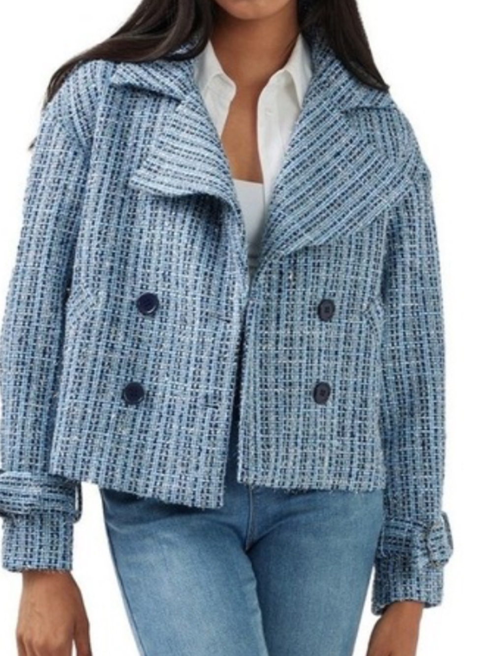 BELLE & BLOOM   „Power over Me“
Double-Breasted Tweed Jacket - Blue Sparkle
NWOT